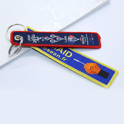 Gepersonaliseerde sleutelhanger uit polyester, geborduurd met een jet tag, geweven sleutelhanger met je logo.